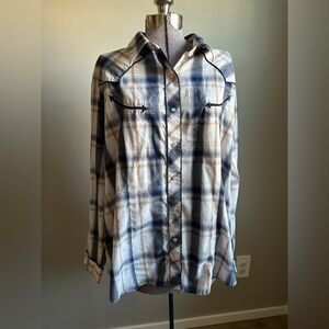 Roper western cowboy country farm Blue and Brown Plaid embroidered star Shirt